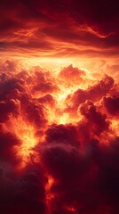 Fototapeta premium An awe-inspiring view of a fiery sunset, with vibrant red, orange, and purple hues illuminating the swirling clouds, creating a dramatic and mystical atmosphere.