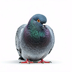Fototapeta premium A plump pigeon with a vibrant iridescent sheen, standing on a white background