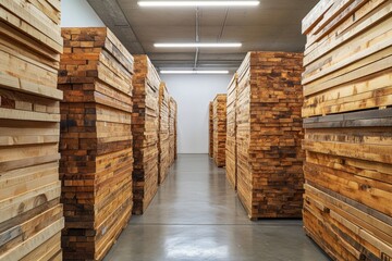organized warehouse display, wood planks neatly stacked on concrete floor under fluorescent lights in seamless rows, creating an orderly display