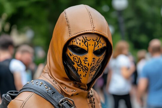 Mystical thief in an enchanted hood with symbols woven in, moving discreetly in a crowded medieval town, capturing the covert work of fantasy spies, symbolizing mystery and magic