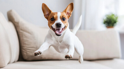 Obraz na płótnie Canvas joyful dog is jumping onto couch, showcasing its playful spirit and energy. scene captures essence of fun and companionship in cozy home environment