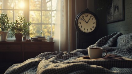Cozy home interior with a clock on the wall showing the time moving backward, a soft blanket, and a cup of coffee, symbolizing the extra hour of rest as Daylight Saving Time ends.