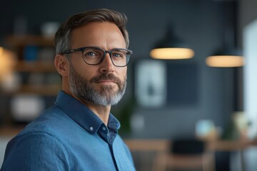 Obraz premium Profile of CEO in modern office, eyes fixed on horizon, minimalistic background, embodiment of strategic vision and future-focused mindset