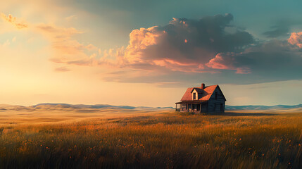 Fototapeta premium Panoramic photo of an old house in the middle of nowhere, vast prairie landscape with a dramatic sky at sunset, cinematic in style. Vast Prairie. Illustration