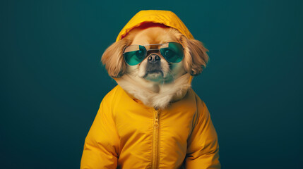 Hip Hop Pekingese Puppy in Stylish Fashion, a full-body portrayal of a trendy puppy set against a dark backdrop, ideal for commercial and editorial advertising with space for text.