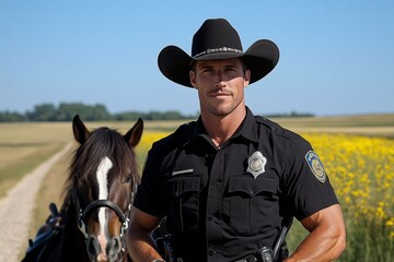 Sheriff&acirc;&euro;&trade;s officer in a rural town, patrolling on horseback, symbolizing the traditional approach to law enforcement in regional communities, symbolizing heritage and respect