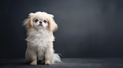 Hip Hop Pekingese Puppy, A stylish Pekingese puppy showcases hip hop fashion against a dark backdrop, perfect for commercial and editorial use, with space for text.