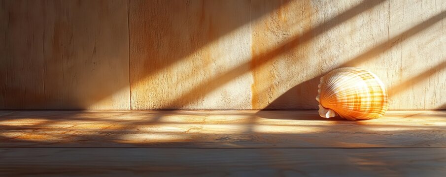 A single seashell is placed on a wooden surface, casting a dramatic shadow and showcasing high detail in texture.