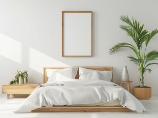 A minimalist bedroom with a wooden bed frame. white bedding. and a framed artwork above the bed Sunlight streams through the window and illuminates the room