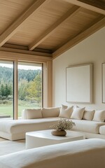 Fototapeta premium This modern living room features a white sofa, abstract paintings, and soft lighting, creating a serene atmosphere with pastel colors.