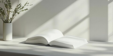 One open notebook on a white desk, clean minimalist look, casting gentle shadows in the soft natural light.