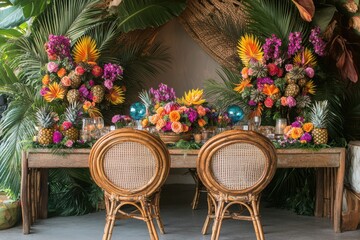 tropical wedding decor, elegant tropical wedding with peacock chairs, palm leaf canopy, and tables adorned with pineapples and vibrant flowers