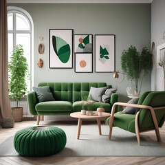 Scandinavian style living room with a green sofa - Generative AI
