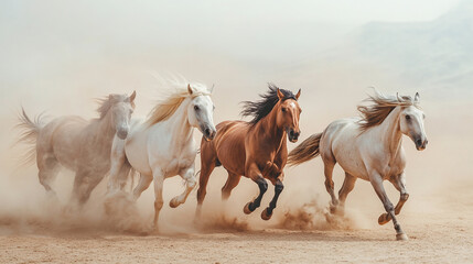 side view of horses running on the sand.ai generative