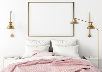 A white bed with a pink blanket and white pillows in a modern bedroom with gold lamps and a blank picture frame