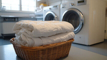 Freshly laundered white sheets stacked neatly in wicker basket, ready for use. clean linens evoke sense of comfort and cleanliness in bright laundry room