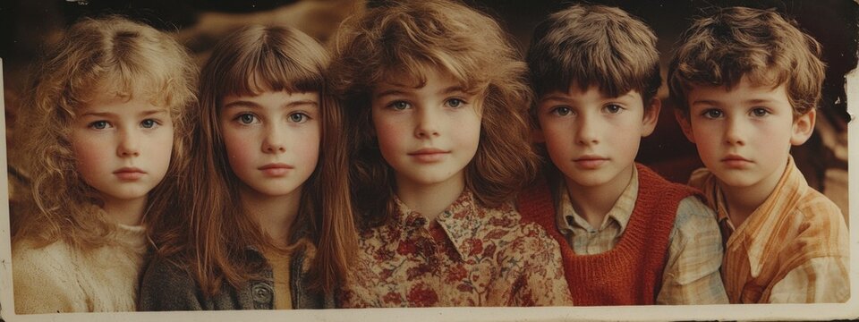 Nostalgic photo: intimate reflection of childhood captured in vintage snapshots, blending faded colors, familiar faces, preserving fleeting moments emotions tied to family, treasured experiences.