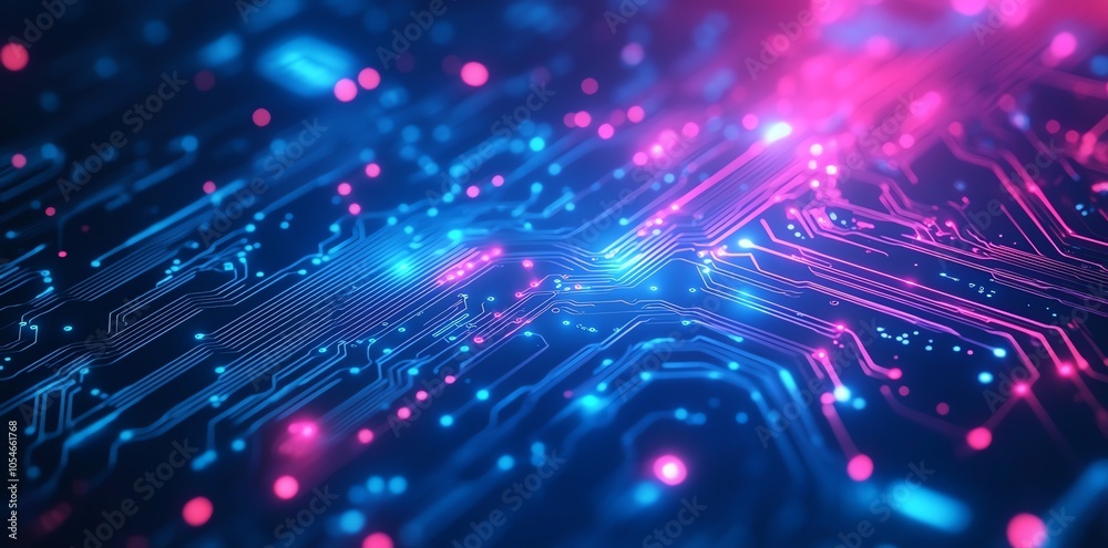 Poster abstract blue and pink circuit board with glowing lines and nodes.