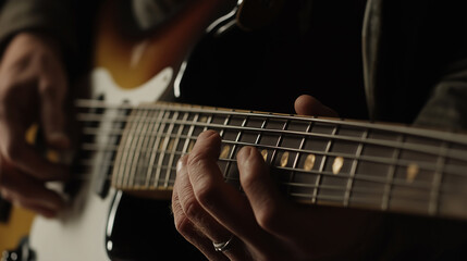 Fototapeta premium Close-up of a Bassist's Hand Playing Music