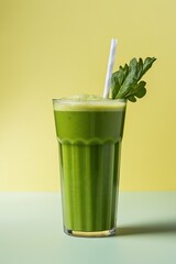 A refreshing green smoothie in a glass with a straw and garnish.