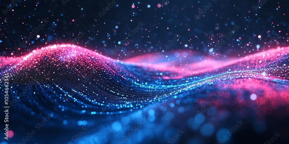 Poster abstract background with pink and blue glowing particles.