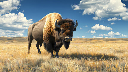 Majestic bison roaming vast prairie, hyperrealistic photo. Vast Prairie. Illustration