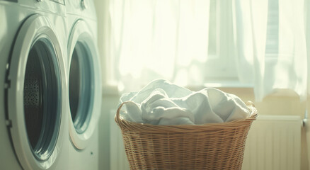 washing machine is positioned next to laundry basket filled with clean clothes, illuminated by soft natural light. serene atmosphere evokes sense of cleanliness and organization