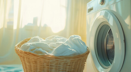 washing machine stands next to laundry basket filled with clean clothes, illuminated by soft sunlight filtering through sheer curtains, creating warm and inviting atmosphere