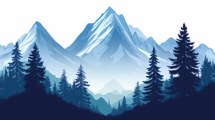 Fototapeta premium Majestic mountain range with towering jagged peaks reaching towards the heavens a rugged unforgiving terrain dotted with ancient evergreen trees. Rugged Mountain Range. Illustration