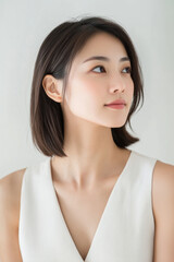 serene and elegant Asian woman with short bob hairstyle gazes thoughtfully to side, showcasing her natural beauty against soft, neutral background