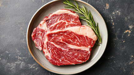 Fresh beef steak on plate with rosemary, showcasing rich marbling and vibrant color. Perfect for grilling or cooking, this appetizing cut is ideal for meat lovers
