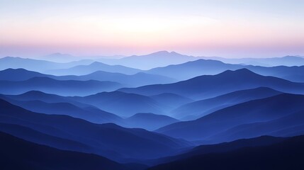 Fototapeta premium Serene landscape featuring rolling blue mountains at dusk. The soft gradient of colors creates a tranquil atmosphere, perfect for nature lovers seeking peace and beauty.