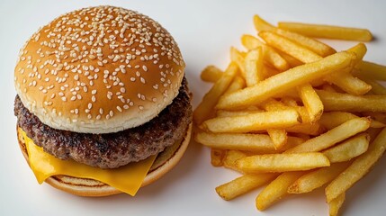 Cheeseburger with Fries on White Background	