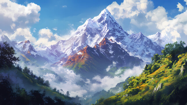 Majestic snow-capped kumbhakarna mountain rises from lush green valleys, its rugged peaks shrouded in mist, in the himalayan range at dawn, nepal. Rugged Mountain Range. Illustration