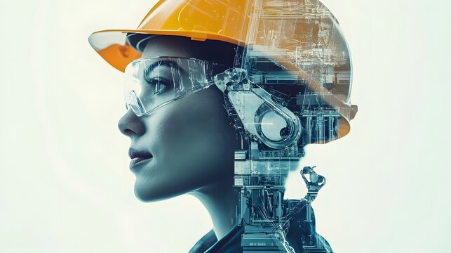 Mechanized industry robot arm and factory worker double exposure . Concept of robotics technology for industrial revolution and automated manufacturing process . 