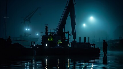 A lone worker guides a heavy crane in the dark his entire body glowing in the light of his reflective jacket.