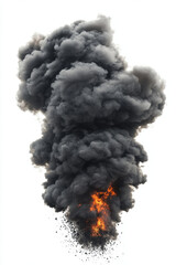 Dense black smoke billowing upwards with flames visible at base creates dramatic and intense scene. contrast of fire against dark smoke evokes sense of urgency and chaos