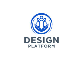 Family Care Logo. Blue Circle Shape with Negative Space Human and Two Hands Combination isolated on White Background.