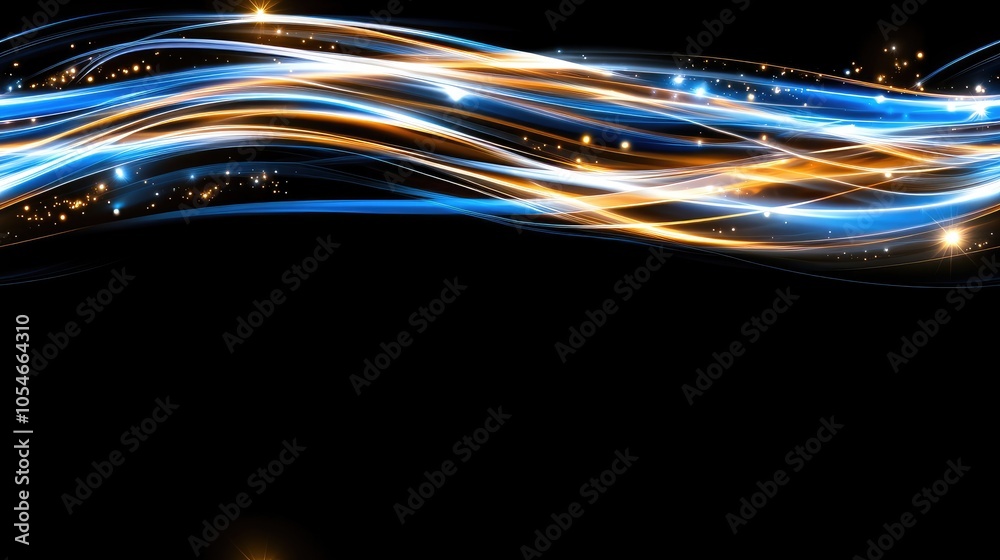Poster glowing waves of blue and gold flow dynamically across a dark background, creating a mesmerizing abs