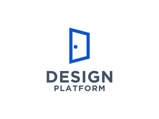 Simple Door Logo Line. Blue Geometric Open Door isolated on White Background. Flat Vector Logo Design Template Element