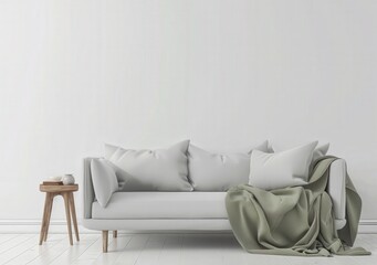 Minimalist living room interior with white sofa and green throw blanket. wooden side table and white walls