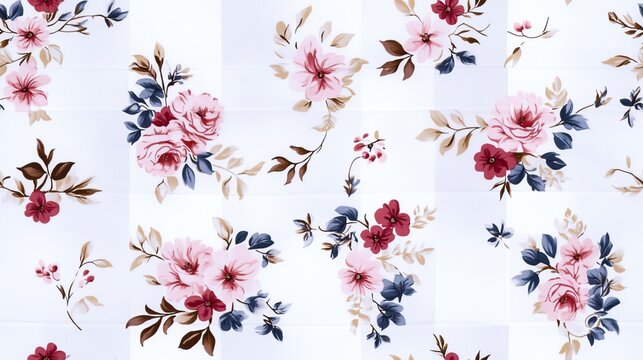 A beautiful display of shabby chic floral patchwork fabric with roses and peonies in soft and bright hues on a crisp white canvas SEAMLESS PATTERN