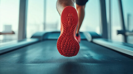 Close up of runners foot in red shoe, capturing motion of running on treadmill. dynamic energy and focus of athlete are evident in this vibrant scene