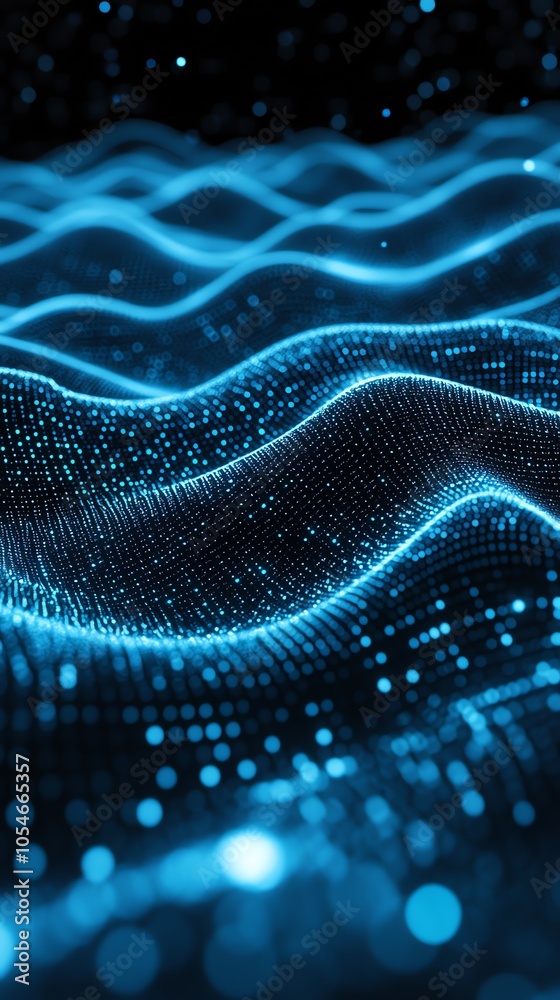Poster abstract blue digital waves with glowing particles on a black background.