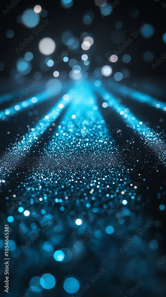 Poster Abstract blue bokeh background with glittering texture and light beams.