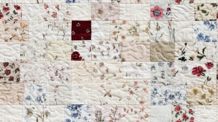 A beautiful display of shabby chic floral patchwork fabric with roses and peonies in soft and bright hues on a crisp white canvas SEAMLESS PATTERN