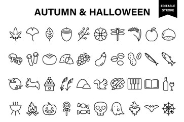 シンプルな線画の秋とハロウィンのベクターアイコンセット