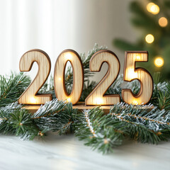 Wooden numbers 2025 with garland