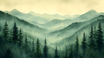 Obraz premium A serene landscape featuring layered mountains and dense evergreen forests, enveloped in mist, creating a tranquil and atmospheric scene.