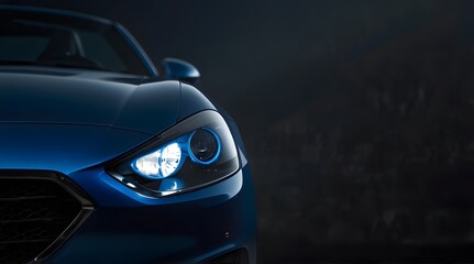 Close-Up of a Modern Sports Car's Illuminated Headlight and Sleek Design in Low-Light Setting .